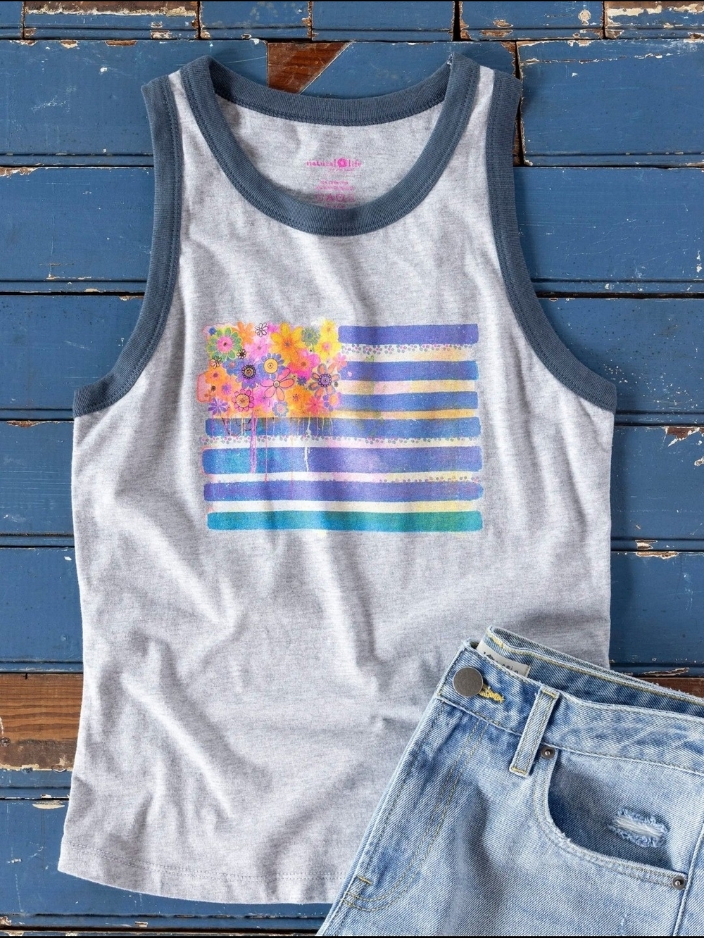 NATURAL LIFE Gray Tank Top with Blue Trim and Multicolor Floral Stripe - S